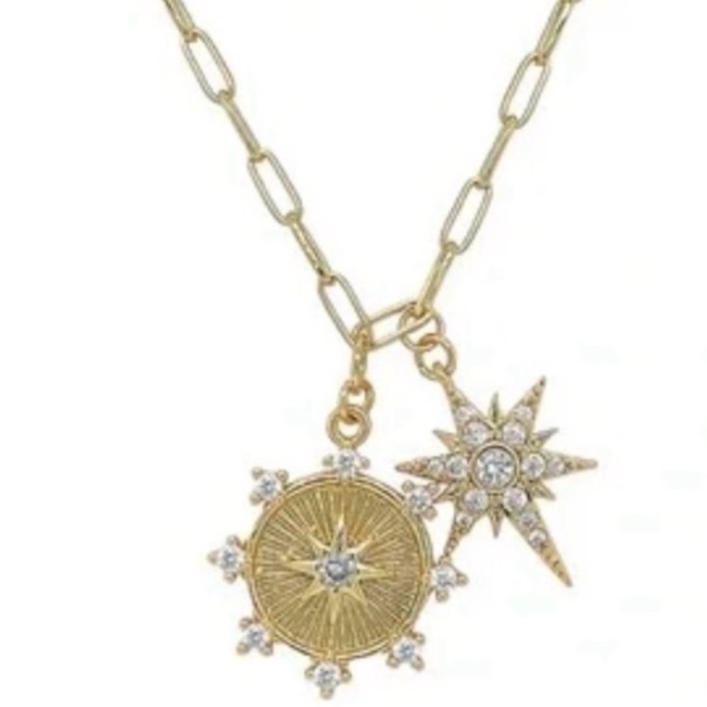 CZ Sun and Starburst Gold Charm Pendant Necklace